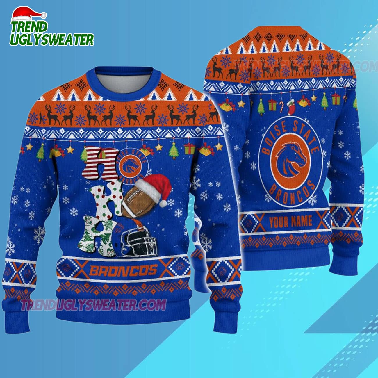 Custom Name Boise State Broncos Football Ho Ho Ho Ugly Christmas Sweater Custom Name Boise State Broncos Football Ho Ho Ho Ugly Christmas Sweater