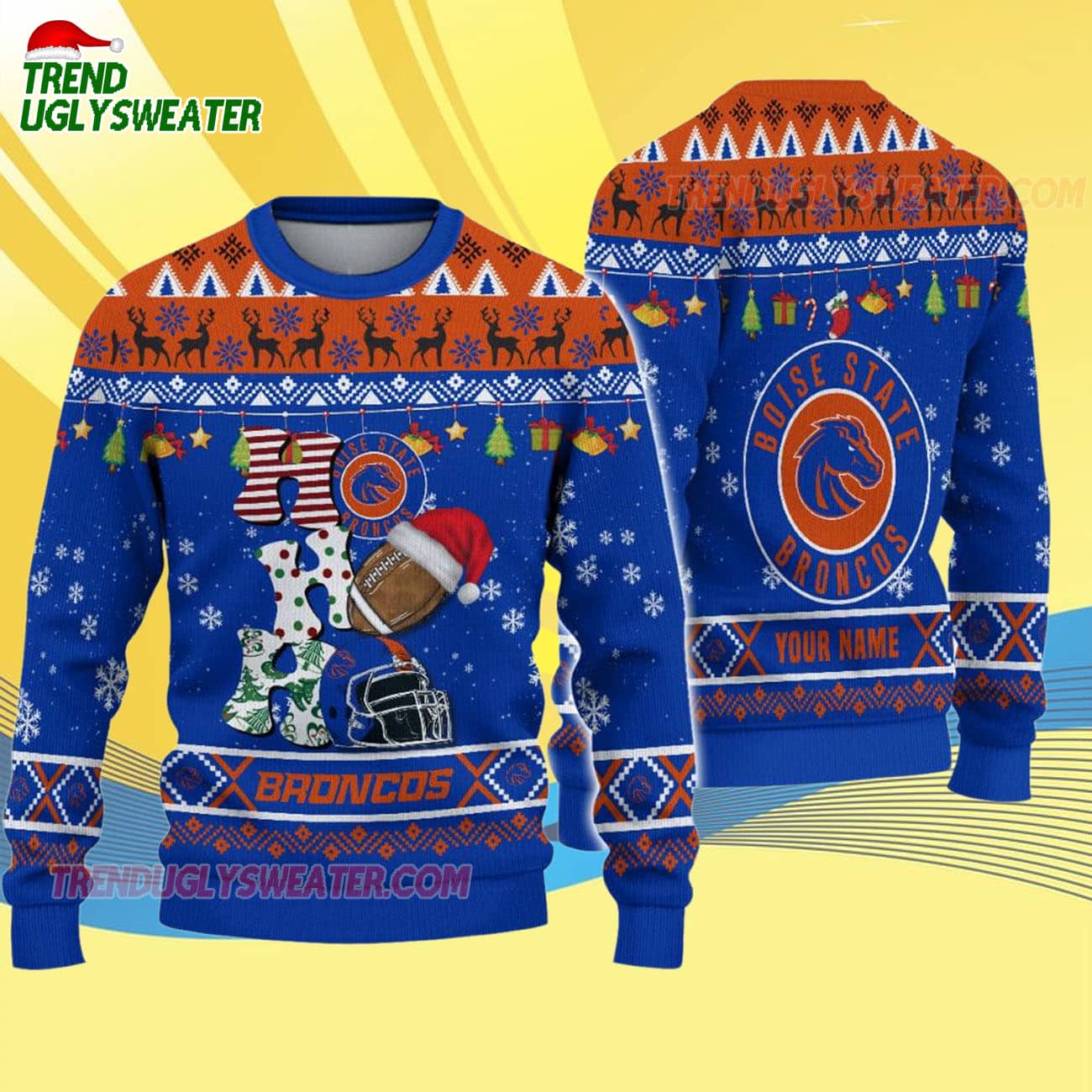 Custom Name Boise State Broncos Football Ho Ho Ho Ugly Christmas Sweater Custom Name Boise State Broncos Football Ho Ho Ho Ugly Christmas Sweater