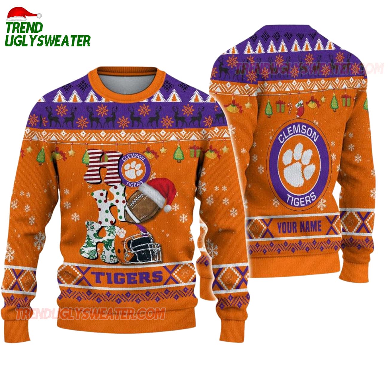 Custom Name Clemson Tigers Football Ho Ho Ho Ugly Christmas Sweater Custom Name Clemson Tigers Football Ho Ho Ho Ugly Christmas Sweater