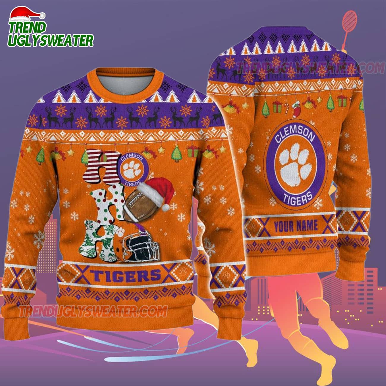 Custom Name Clemson Tigers Football Ho Ho Ho Ugly Christmas Sweater Custom Name Clemson Tigers Football Ho Ho Ho Ugly Christmas Sweater