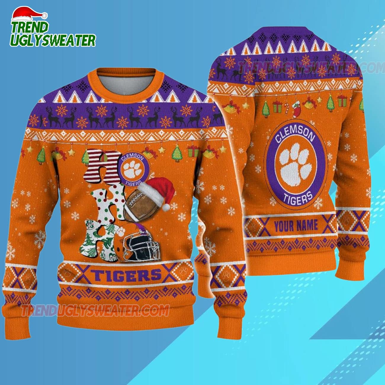 Custom Name Clemson Tigers Football Ho Ho Ho Ugly Christmas Sweater Custom Name Clemson Tigers Football Ho Ho Ho Ugly Christmas Sweater