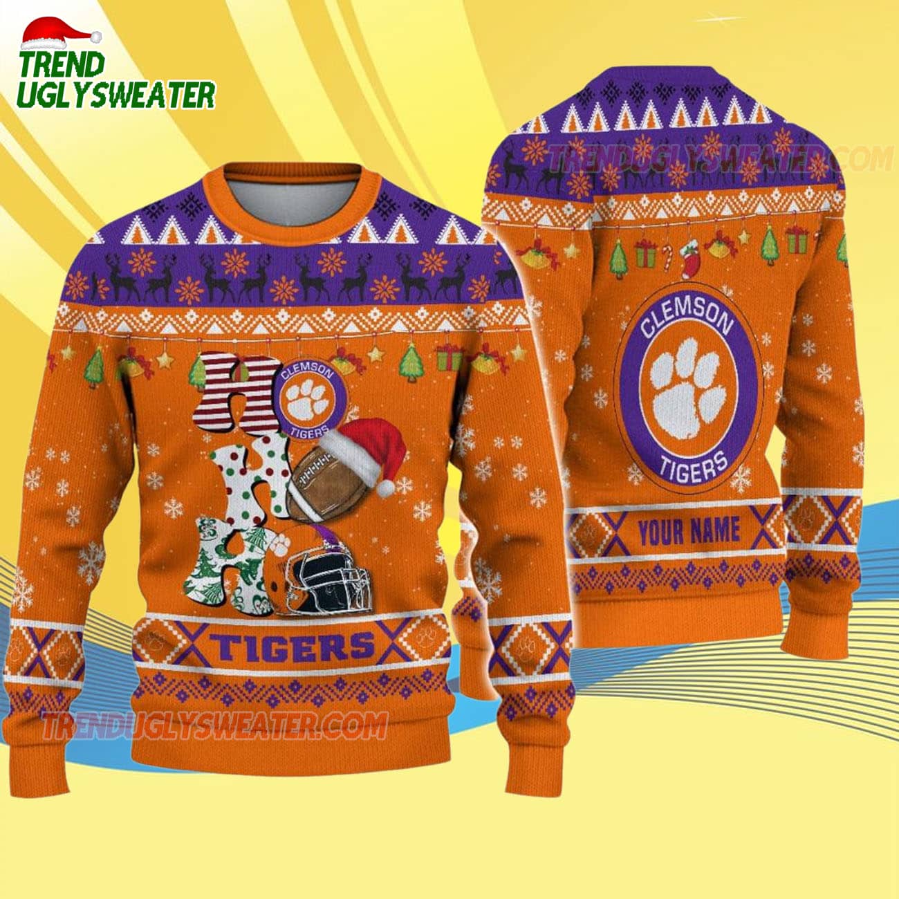 Custom Name Clemson Tigers Football Ho Ho Ho Ugly Christmas Sweater Custom Name Clemson Tigers Football Ho Ho Ho Ugly Christmas Sweater