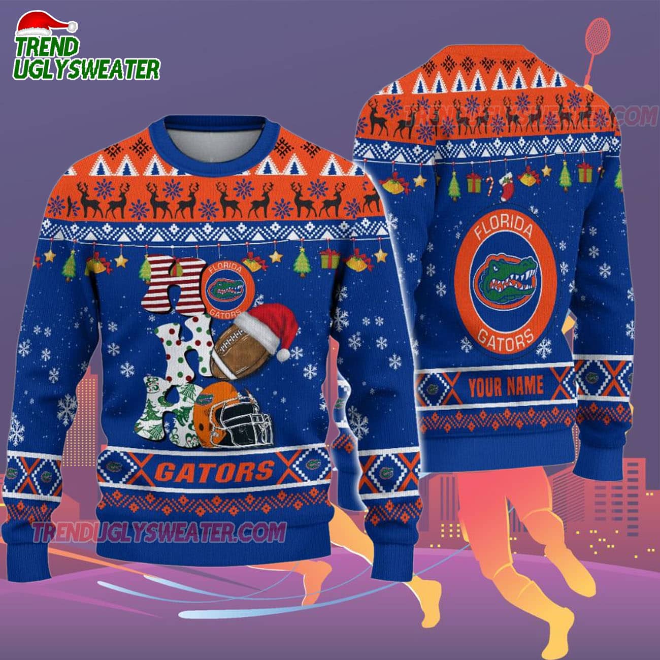 Custom Name Florida Gators Football Ho Ho Ho Ugly Christmas Sweater Custom Name Florida Gators Football Ho Ho Ho Ugly Christmas Sweater
