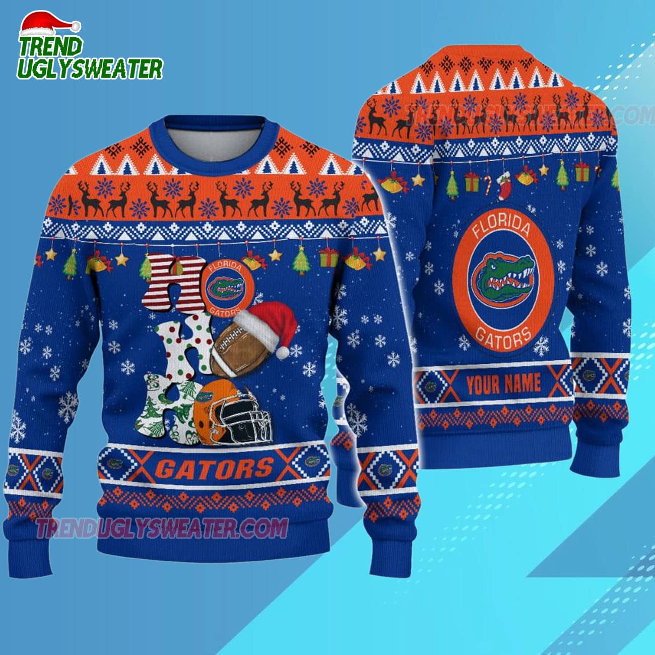 Custom Name Florida Gators Football Ho Ho Ho Ugly Christmas Sweater Custom Name Florida Gators Football Ho Ho Ho Ugly Christmas Sweater