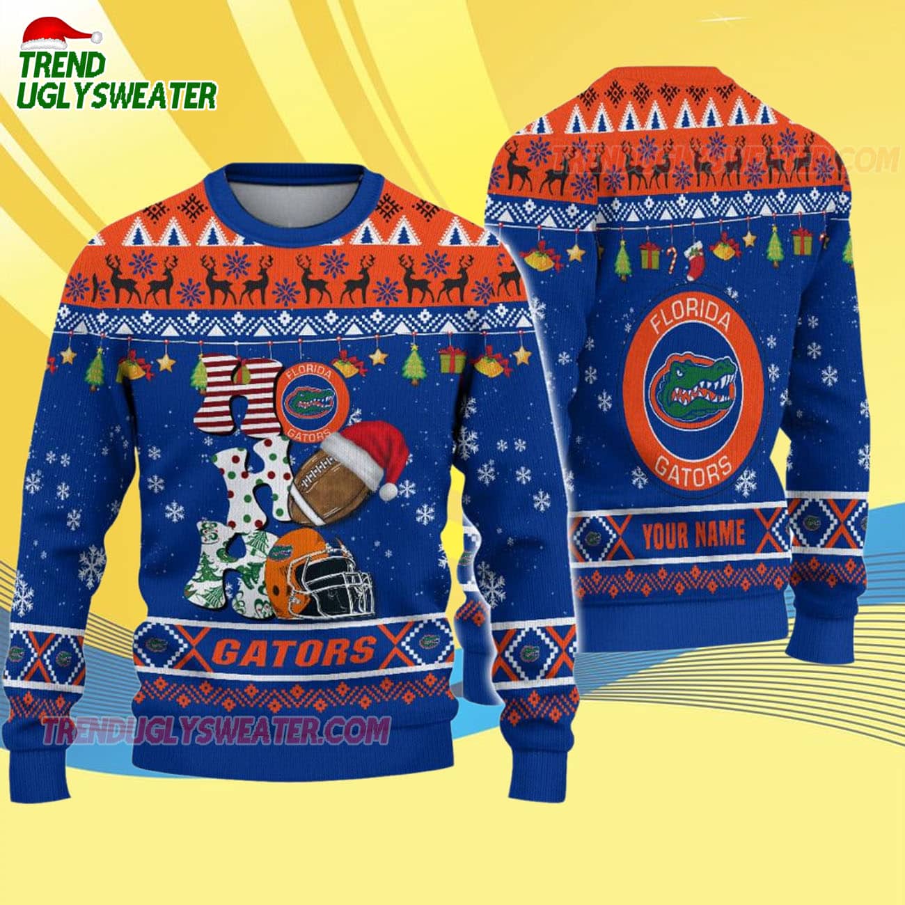 Custom Name Florida Gators Football Ho Ho Ho Ugly Christmas Sweater Custom Name Florida Gators Football Ho Ho Ho Ugly Christmas Sweater
