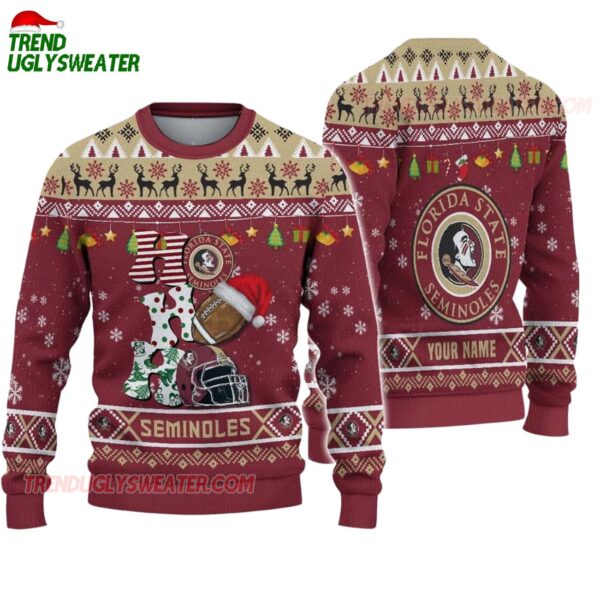 Custom Name Florida State Seminoles Football Ho Ho Ho Ugly Christmas Sweater 1