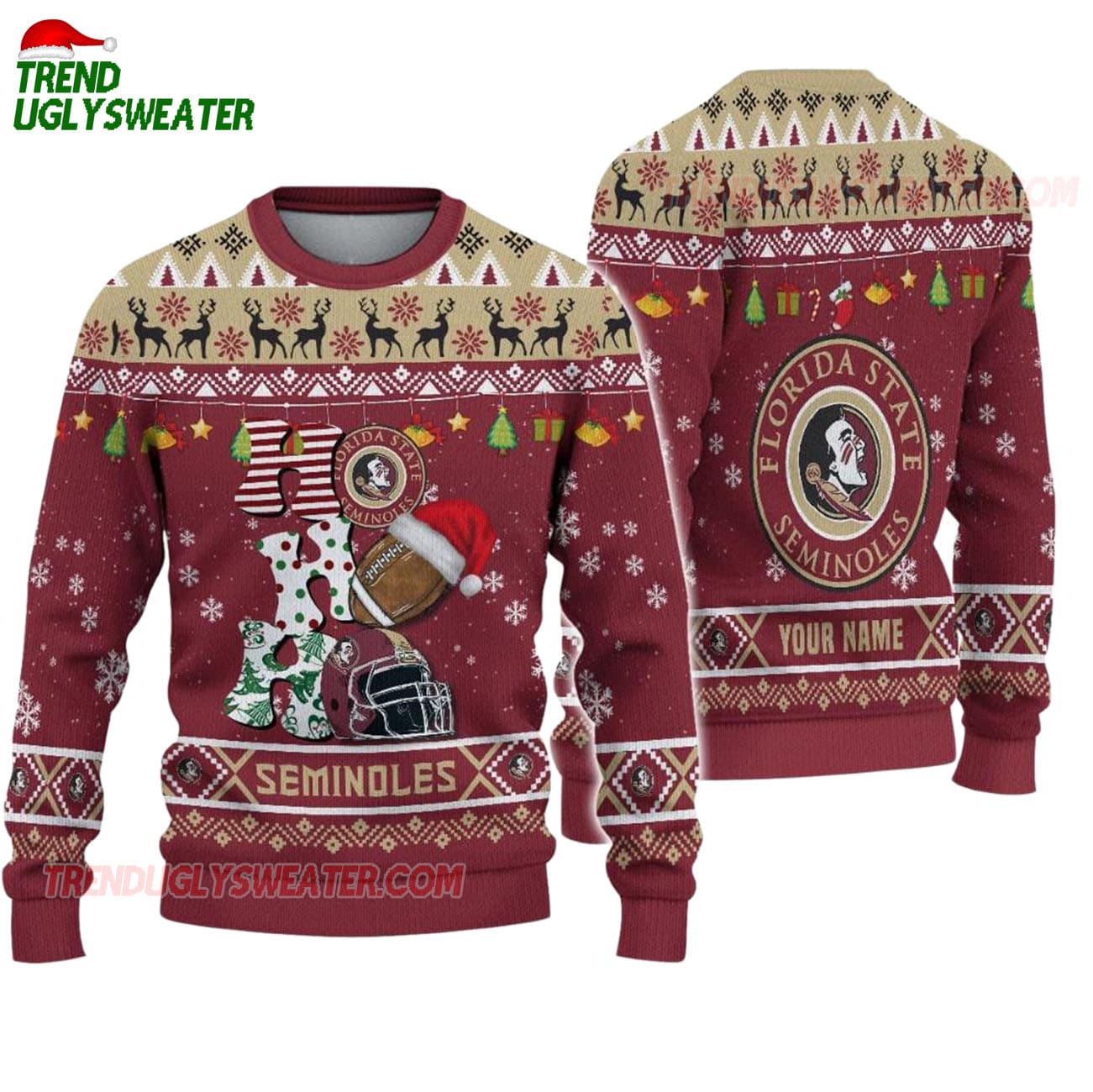 Custom Name Florida State Seminoles Football Ho Ho Ho Ugly Christmas Sweater Custom Name Florida State Seminoles Football Ho Ho Ho Ugly Christmas Sweater