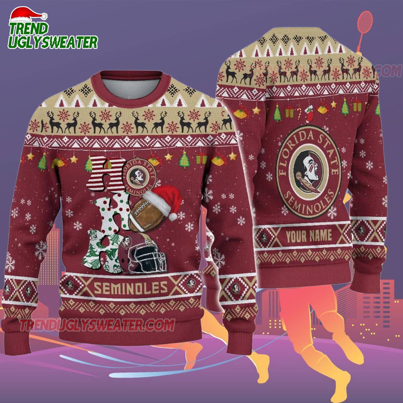 Custom Name Florida State Seminoles Football Ho Ho Ho Ugly Christmas Sweater Custom Name Florida State Seminoles Football Ho Ho Ho Ugly Christmas Sweater