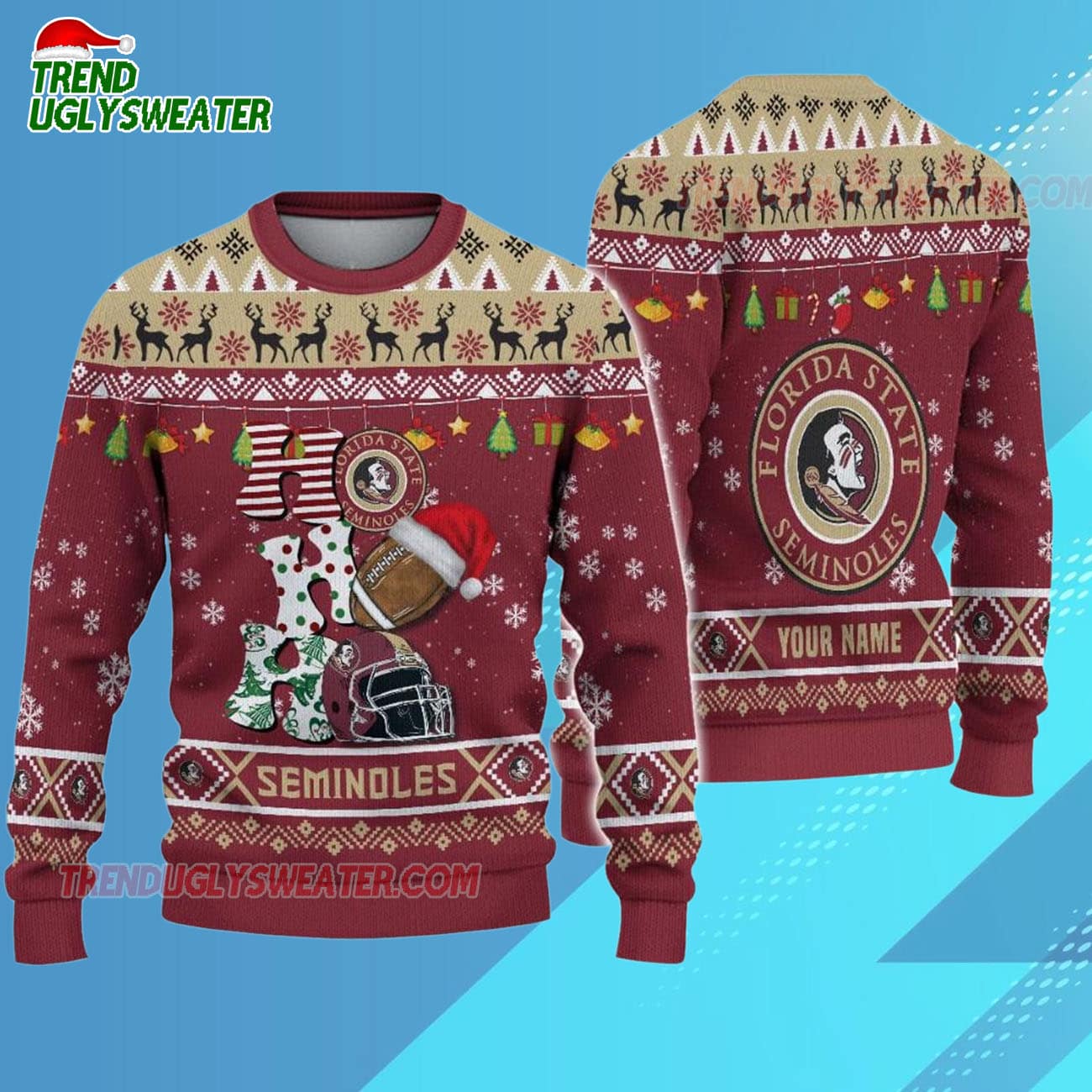 Custom Name Florida State Seminoles Football Ho Ho Ho Ugly Christmas Sweater Custom Name Florida State Seminoles Football Ho Ho Ho Ugly Christmas Sweater