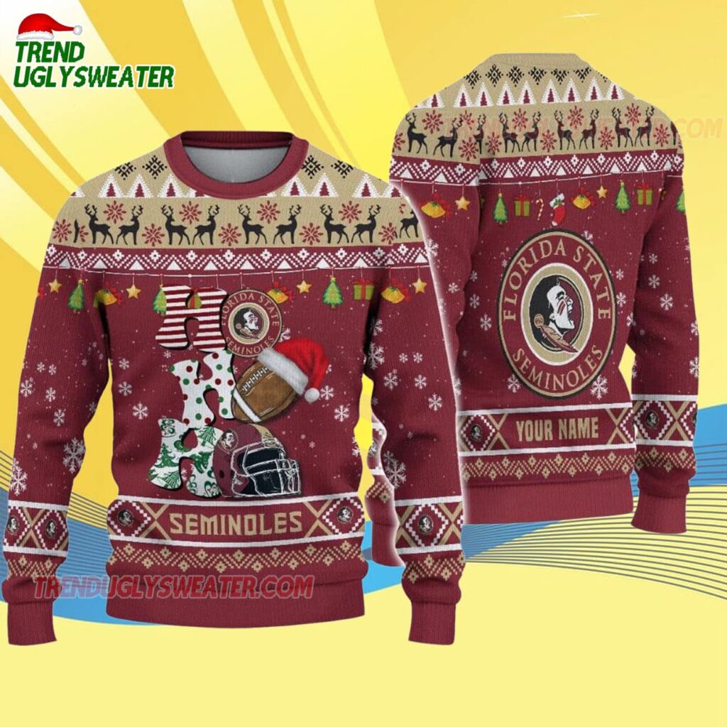 Custom Name Florida State Seminoles Football Ho Ho Ho Ugly Christmas Sweater 4