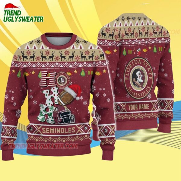 Custom Name Florida State Seminoles Football Ho Ho Ho Ugly Christmas Sweater 4