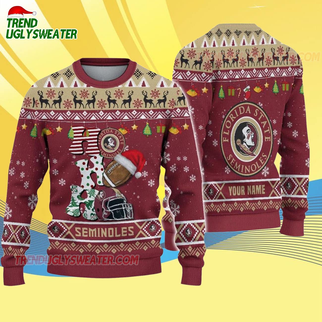 Custom Name Florida State Seminoles Football Ho Ho Ho Ugly Christmas Sweater Custom Name Florida State Seminoles Football Ho Ho Ho Ugly Christmas Sweater