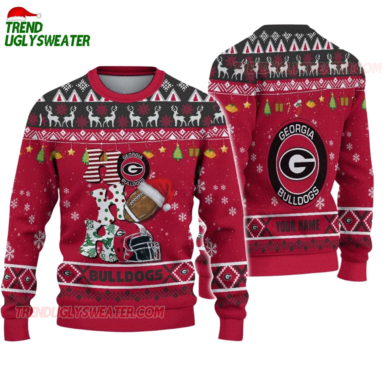 Custom Name Georgia Bulldogs Football Ho Ho Ho Ugly Christmas Sweater Custom Name Georgia Bulldogs Football Ho Ho Ho Ugly Christmas Sweater