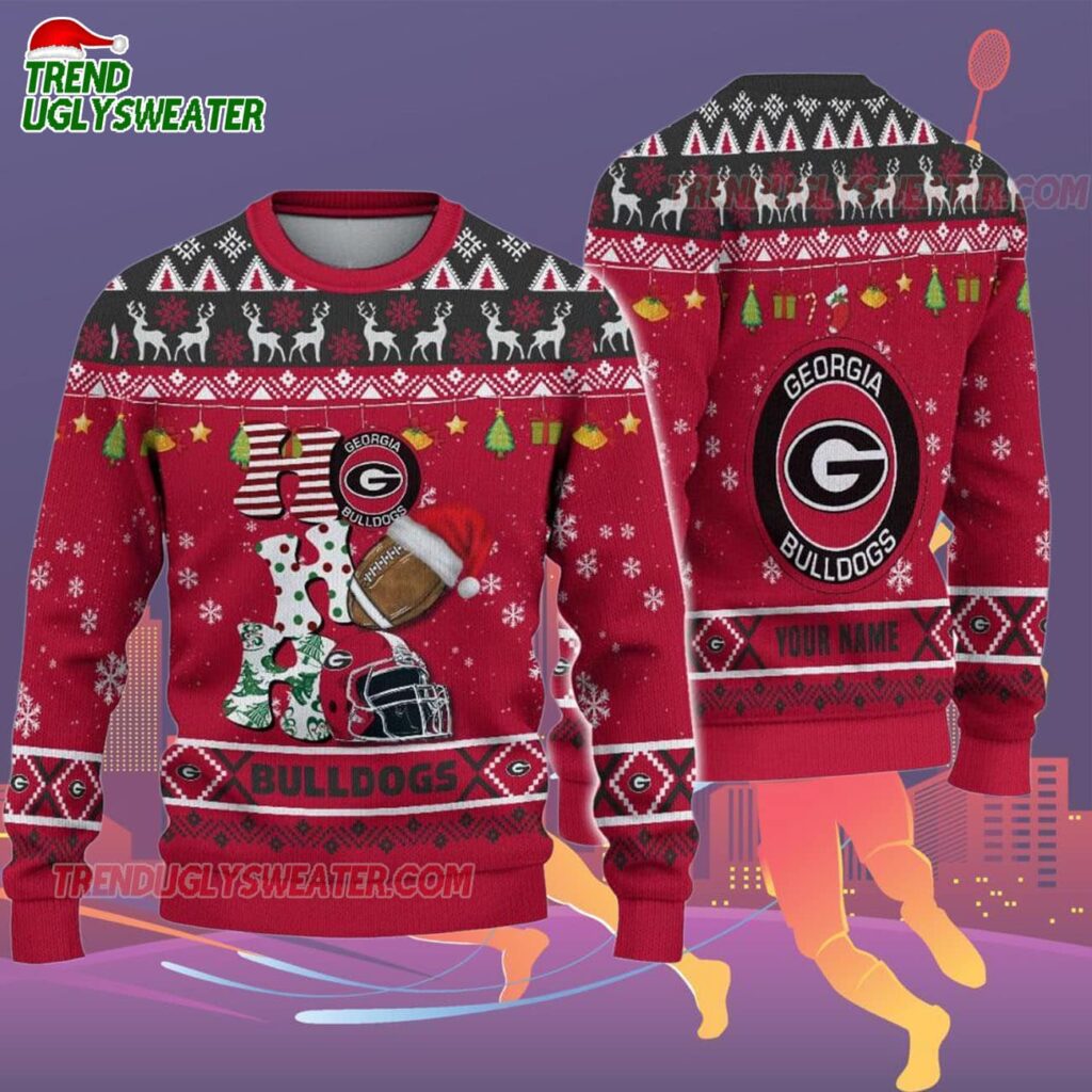 Custom Name Georgia Bulldogs Football Ho Ho Ho Ugly Christmas Sweater 2