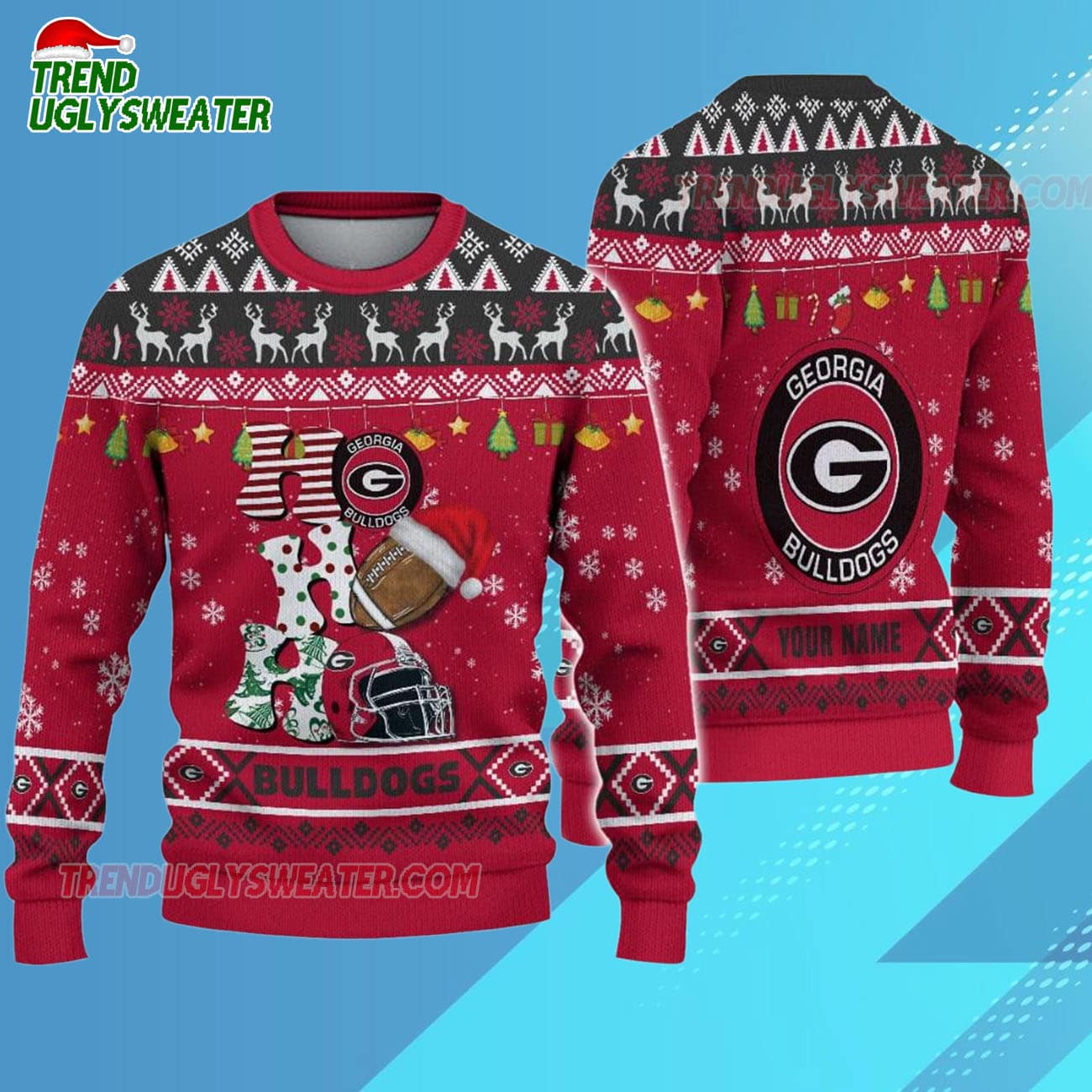 Custom Name Georgia Bulldogs Football Ho Ho Ho Ugly Christmas Sweater Custom Name Georgia Bulldogs Football Ho Ho Ho Ugly Christmas Sweater