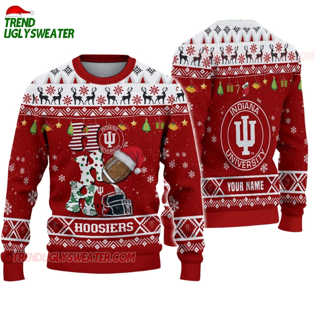 Custom Name Indiana Hoosiers Football Ho Ho Ho Ugly Christmas Sweater Custom Name Indiana Hoosiers Football Ho Ho Ho Ugly Christmas Sweater