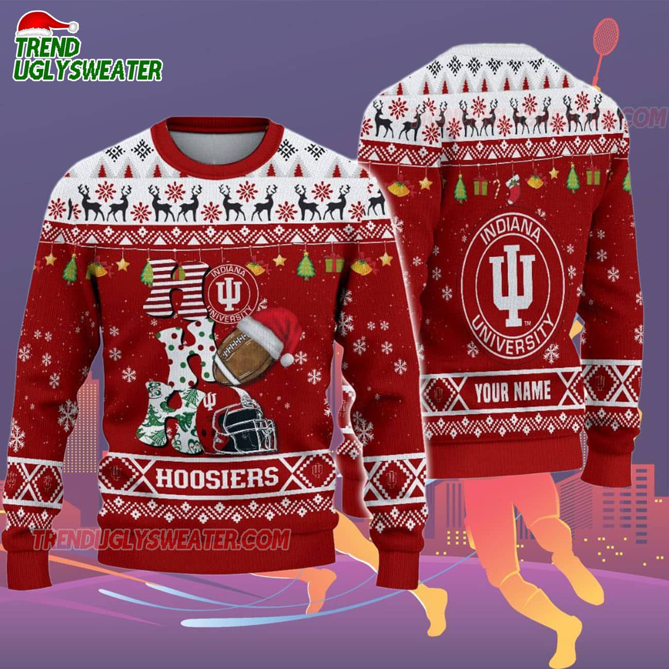 Custom Name Indiana Hoosiers Football Ho Ho Ho Ugly Christmas Sweater Custom Name Indiana Hoosiers Football Ho Ho Ho Ugly Christmas Sweater