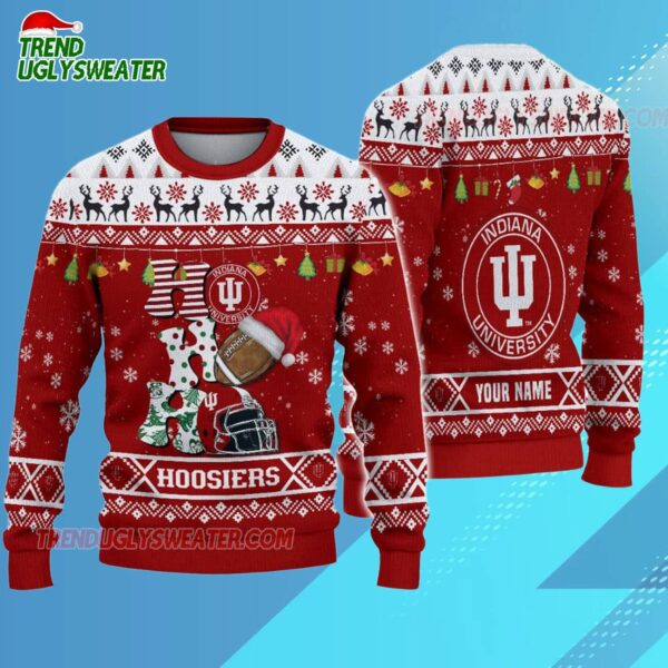 Custom Name Indiana Hoosiers Football Ho Ho Ho Ugly Christmas Sweater 3