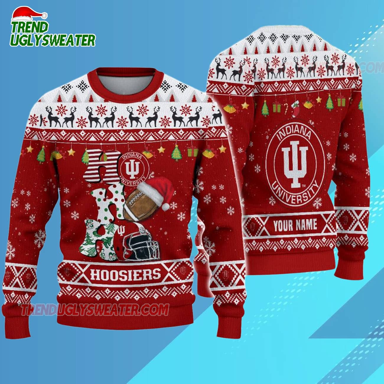 Custom Name Indiana Hoosiers Football Ho Ho Ho Ugly Christmas Sweater Custom Name Indiana Hoosiers Football Ho Ho Ho Ugly Christmas Sweater