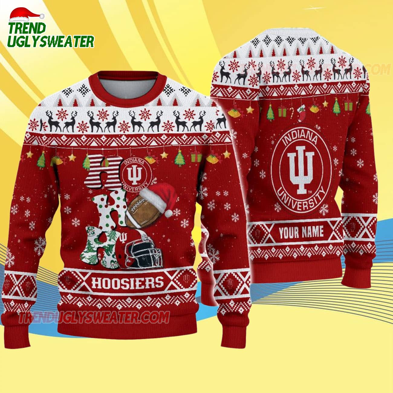 Custom Name Indiana Hoosiers Football Ho Ho Ho Ugly Christmas Sweater Custom Name Indiana Hoosiers Football Ho Ho Ho Ugly Christmas Sweater
