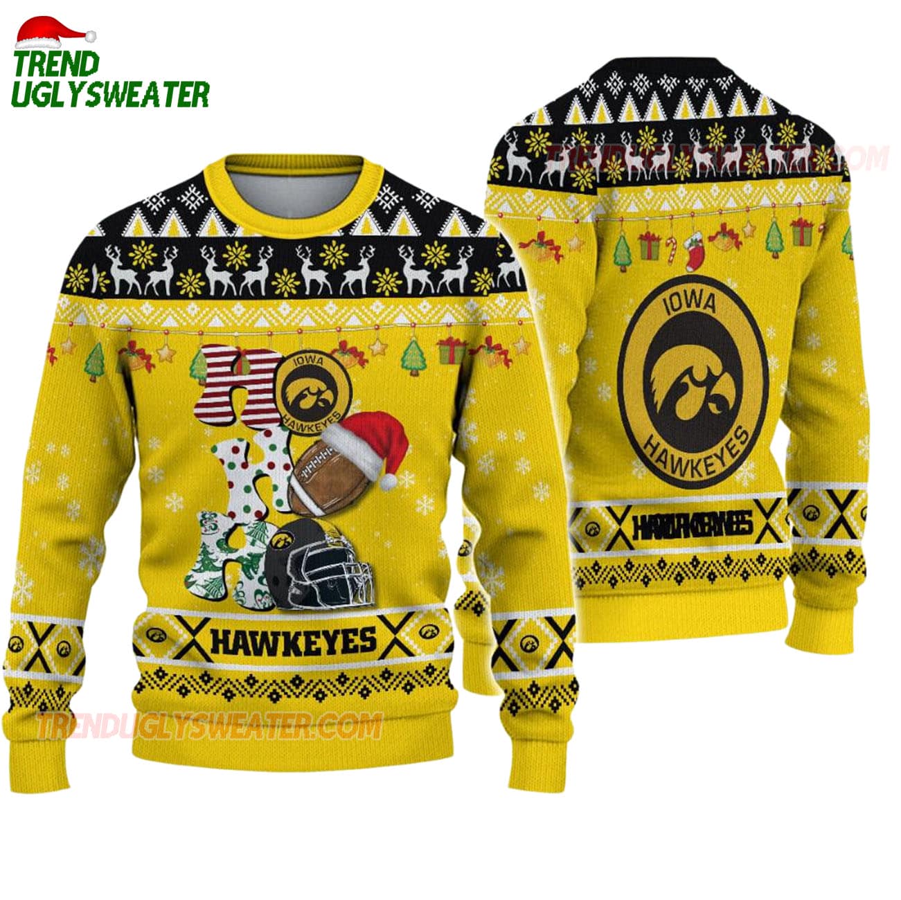 Custom Name Iowa Hawkeyes Football Ho Ho Ho Ugly Christmas Sweater Custom Name Iowa Hawkeyes Football Ho Ho Ho Ugly Christmas Sweater