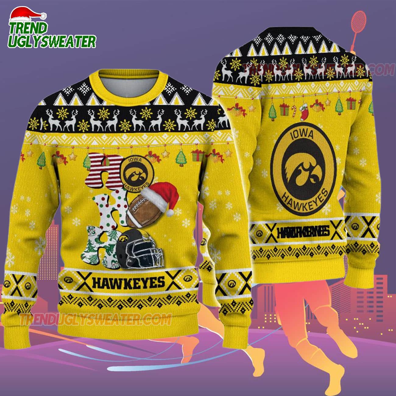 Custom Name Iowa Hawkeyes Football Ho Ho Ho Ugly Christmas Sweater Custom Name Iowa Hawkeyes Football Ho Ho Ho Ugly Christmas Sweater