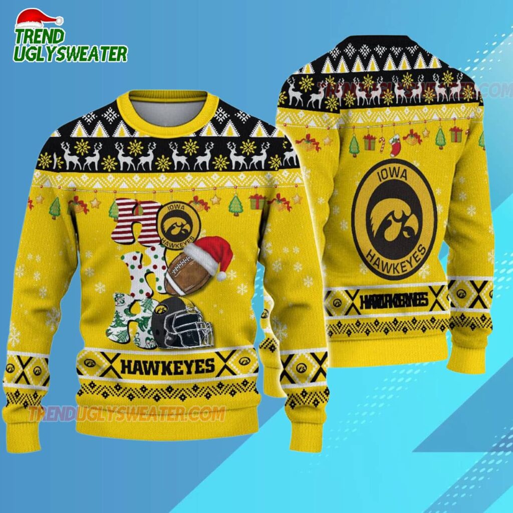 Custom Name Iowa Hawkeyes Football Ho Ho Ho Ugly Christmas Sweater 3
