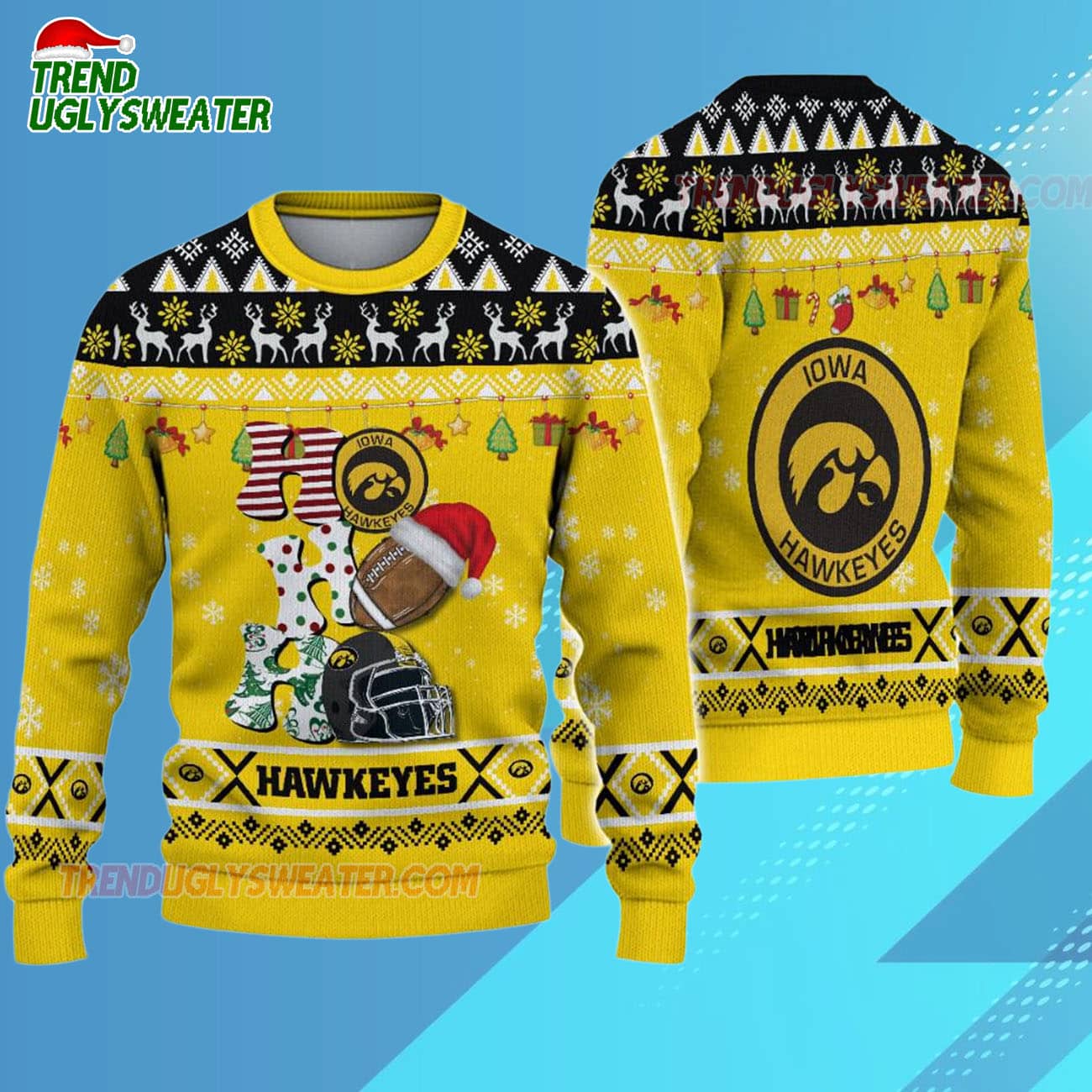 Custom Name Iowa Hawkeyes Football Ho Ho Ho Ugly Christmas Sweater Custom Name Iowa Hawkeyes Football Ho Ho Ho Ugly Christmas Sweater