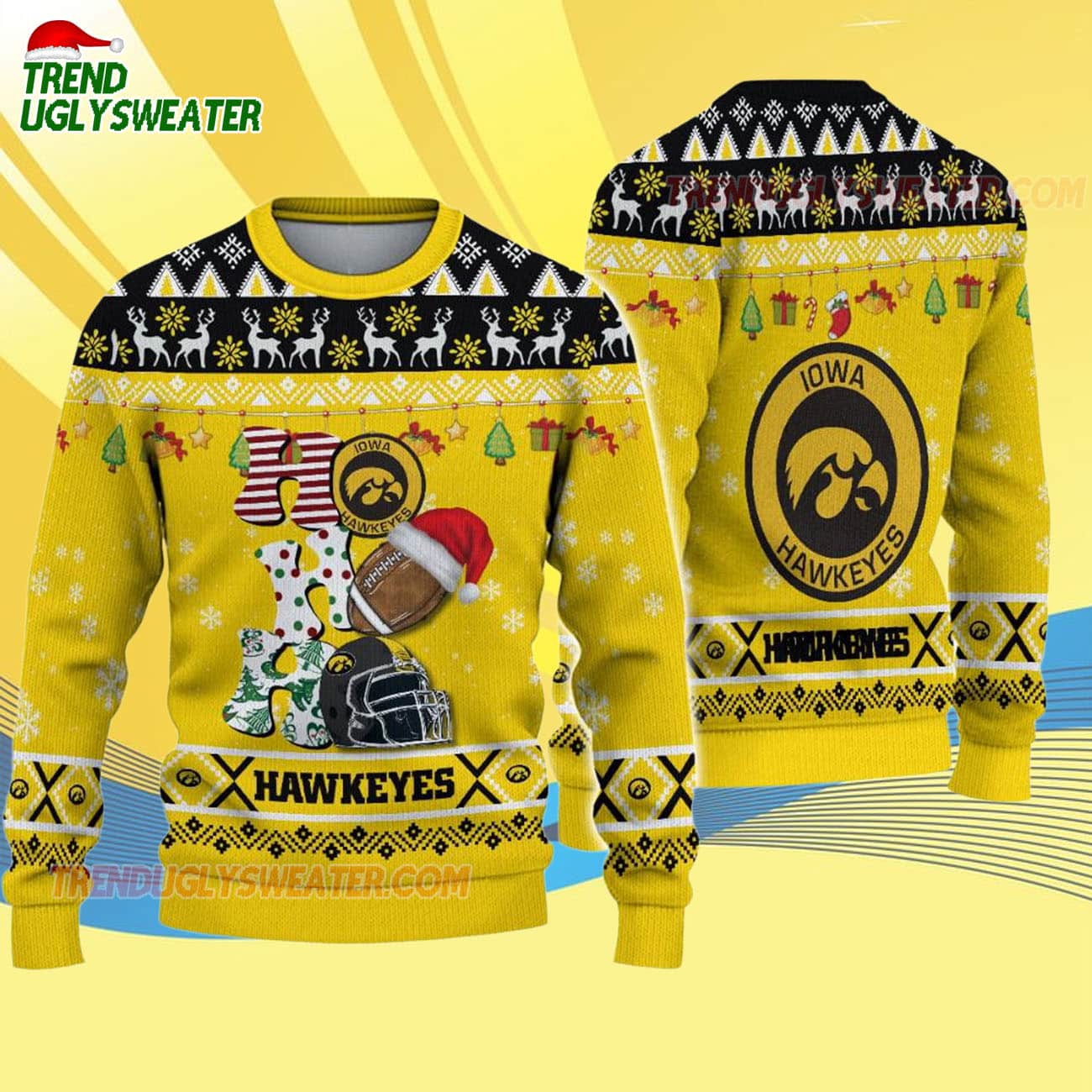 Custom Name Iowa Hawkeyes Football Ho Ho Ho Ugly Christmas Sweater Custom Name Iowa Hawkeyes Football Ho Ho Ho Ugly Christmas Sweater