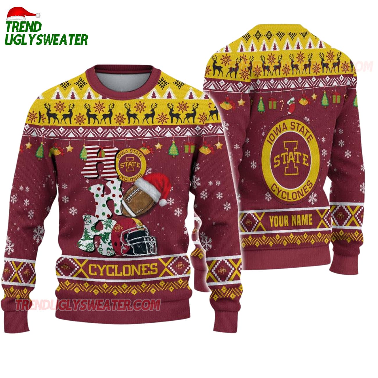 Custom Name Iowa State Cyclones Football Ho Ho Ho Ugly Christmas Sweater Custom Name Iowa State Cyclones Football Ho Ho Ho Ugly Christmas Sweater