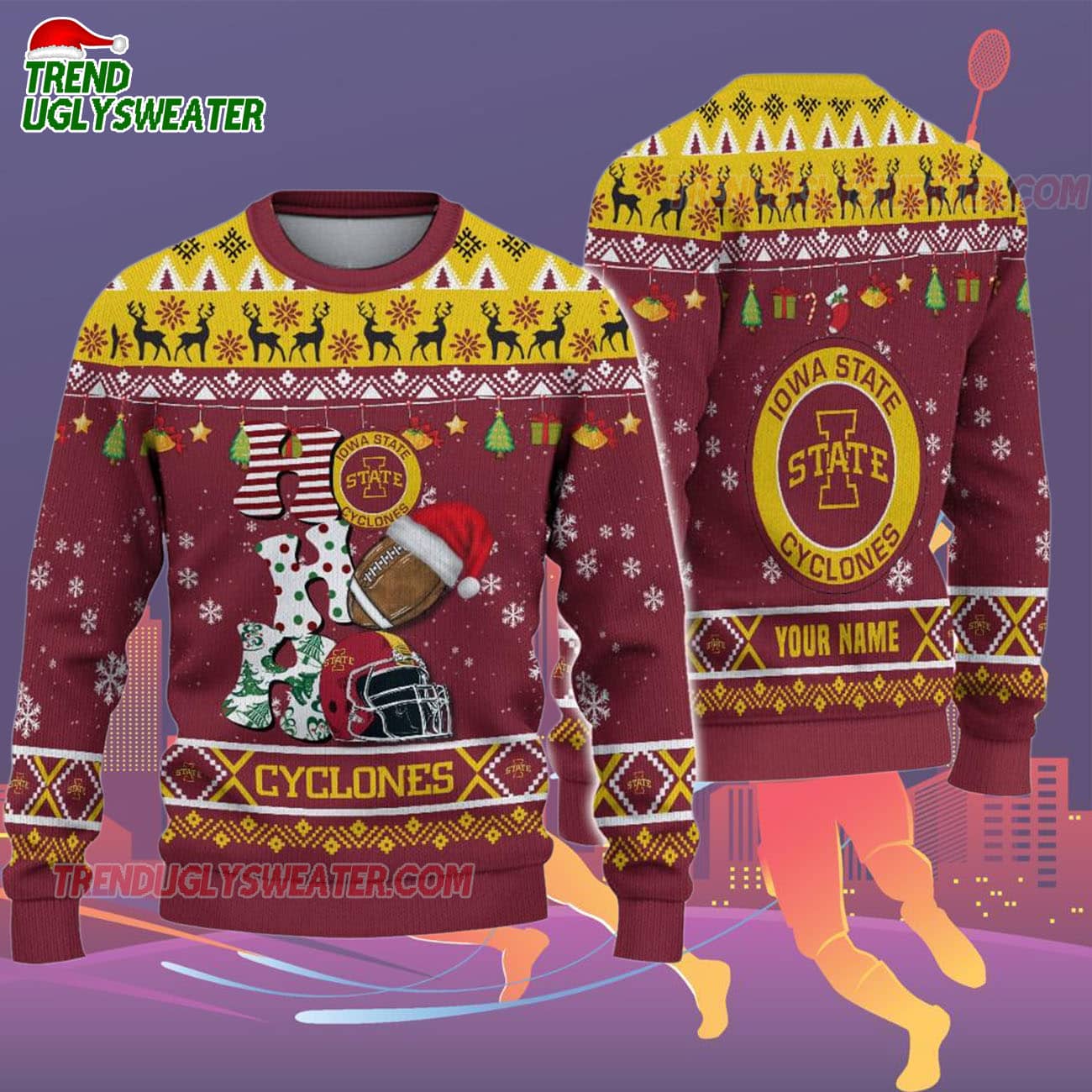 Custom Name Iowa State Cyclones Football Ho Ho Ho Ugly Christmas Sweater Custom Name Iowa State Cyclones Football Ho Ho Ho Ugly Christmas Sweater