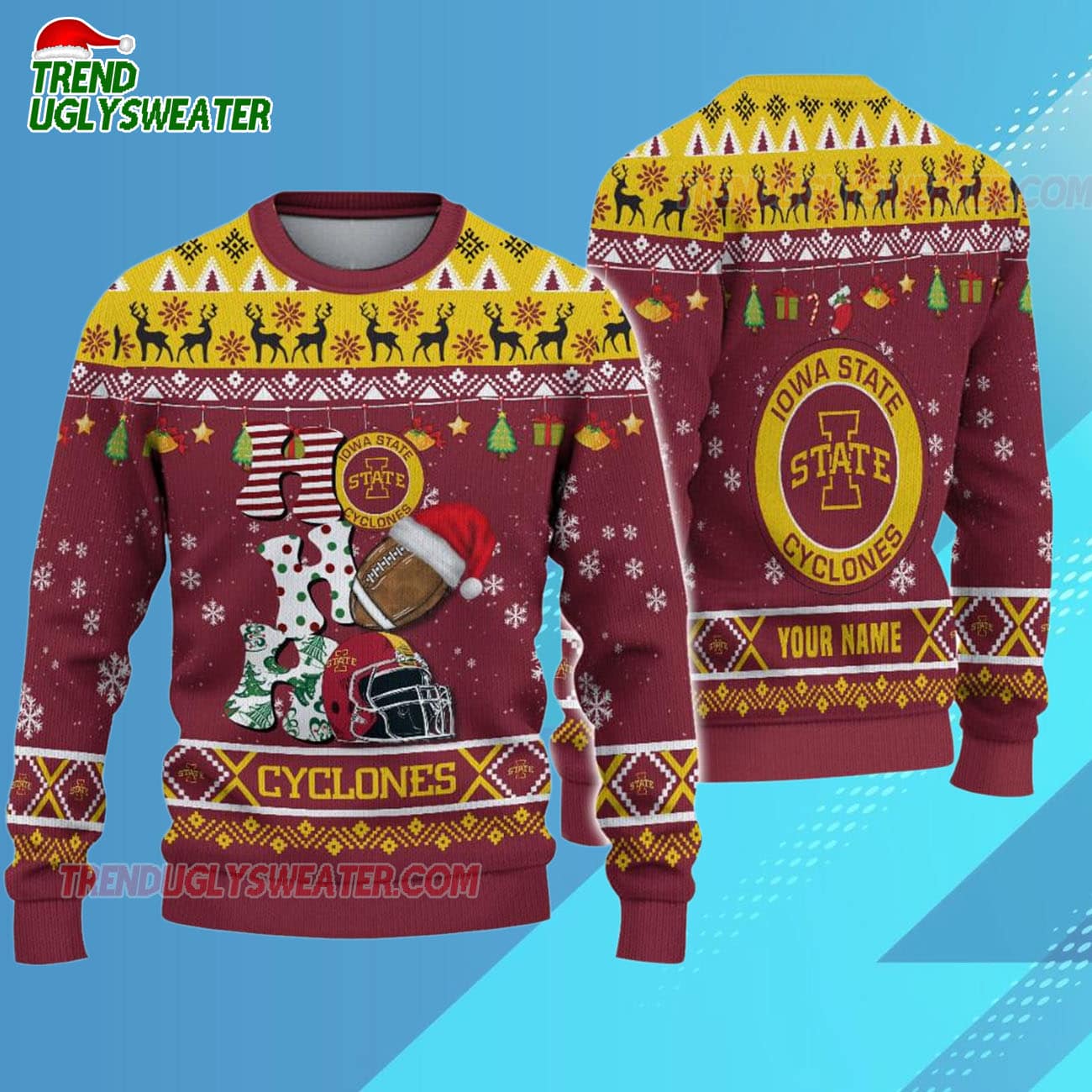 Custom Name Iowa State Cyclones Football Ho Ho Ho Ugly Christmas Sweater Custom Name Iowa State Cyclones Football Ho Ho Ho Ugly Christmas Sweater