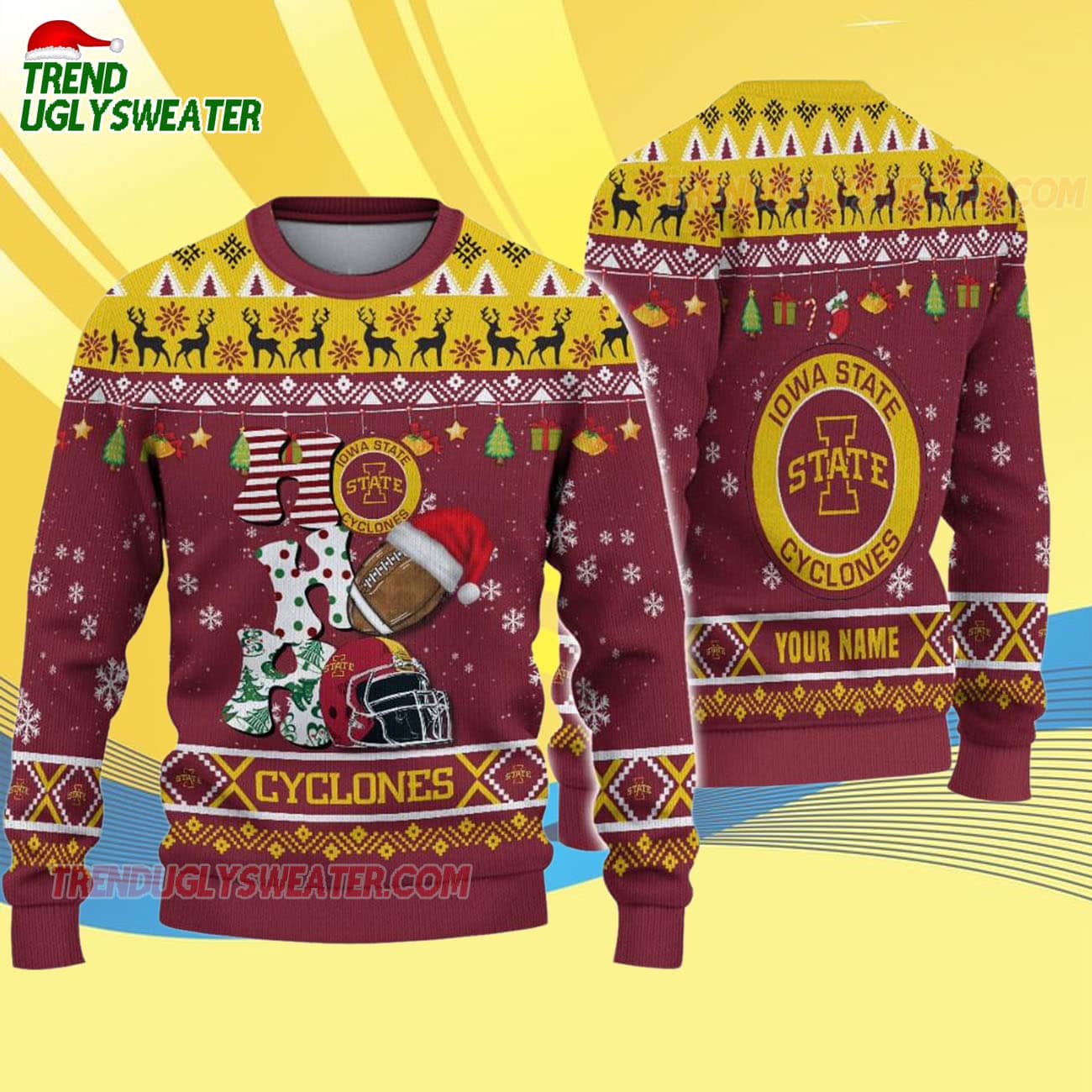 Custom Name Iowa State Cyclones Football Ho Ho Ho Ugly Christmas Sweater Custom Name Iowa State Cyclones Football Ho Ho Ho Ugly Christmas Sweater