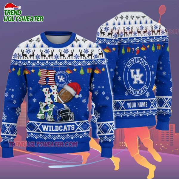 Custom Name Kentucky Wildcats Football Ho Ho Ho Ugly Christmas Sweater 2