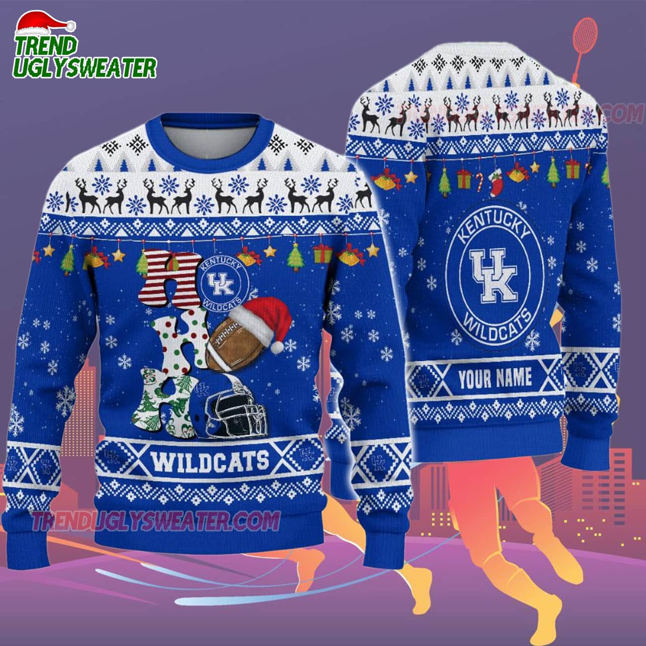 Custom Name Kentucky Wildcats Football Ho Ho Ho Ugly Christmas Sweater Custom Name Kentucky Wildcats Football Ho Ho Ho Ugly Christmas Sweater