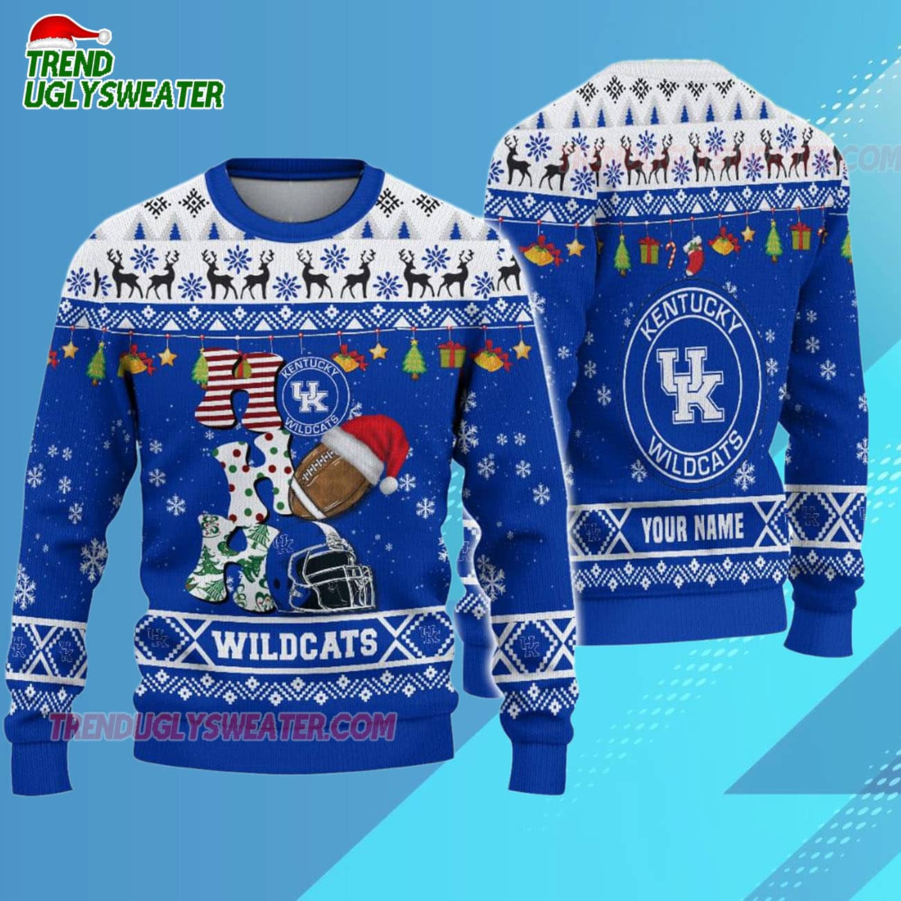 Custom Name Kentucky Wildcats Football Ho Ho Ho Ugly Christmas Sweater Custom Name Kentucky Wildcats Football Ho Ho Ho Ugly Christmas Sweater