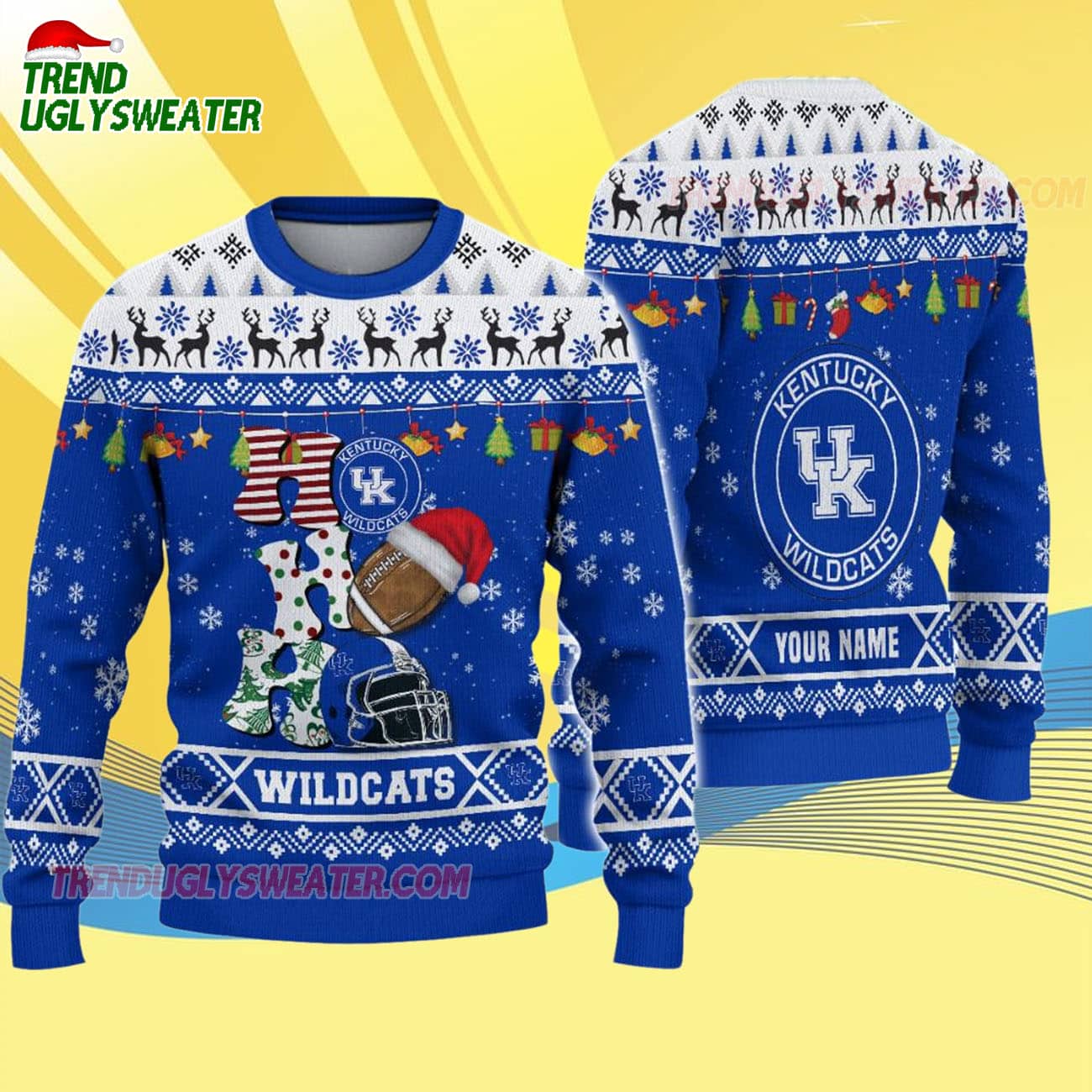 Custom Name Kentucky Wildcats Football Ho Ho Ho Ugly Christmas Sweater Custom Name Kentucky Wildcats Football Ho Ho Ho Ugly Christmas Sweater