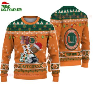 Custom Name Miami Hurricanes Football Ho Ho Ho Ugly Christmas Sweater 1