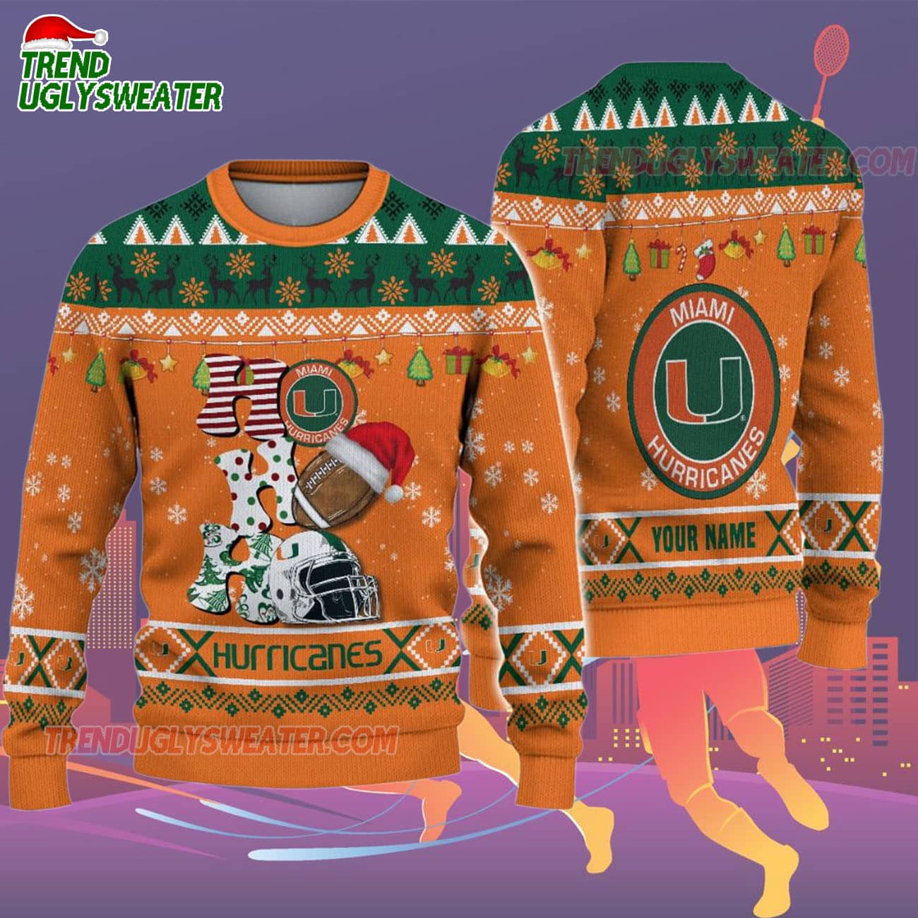 Custom Name Miami Hurricanes Football Ho Ho Ho Ugly Christmas Sweater Custom Name Miami Hurricanes Football Ho Ho Ho Ugly Christmas Sweater