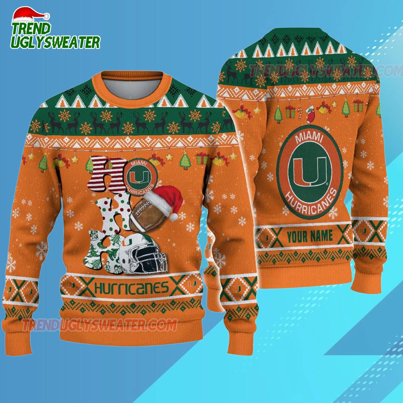 Custom Name Miami Hurricanes Football Ho Ho Ho Ugly Christmas Sweater Custom Name Miami Hurricanes Football Ho Ho Ho Ugly Christmas Sweater