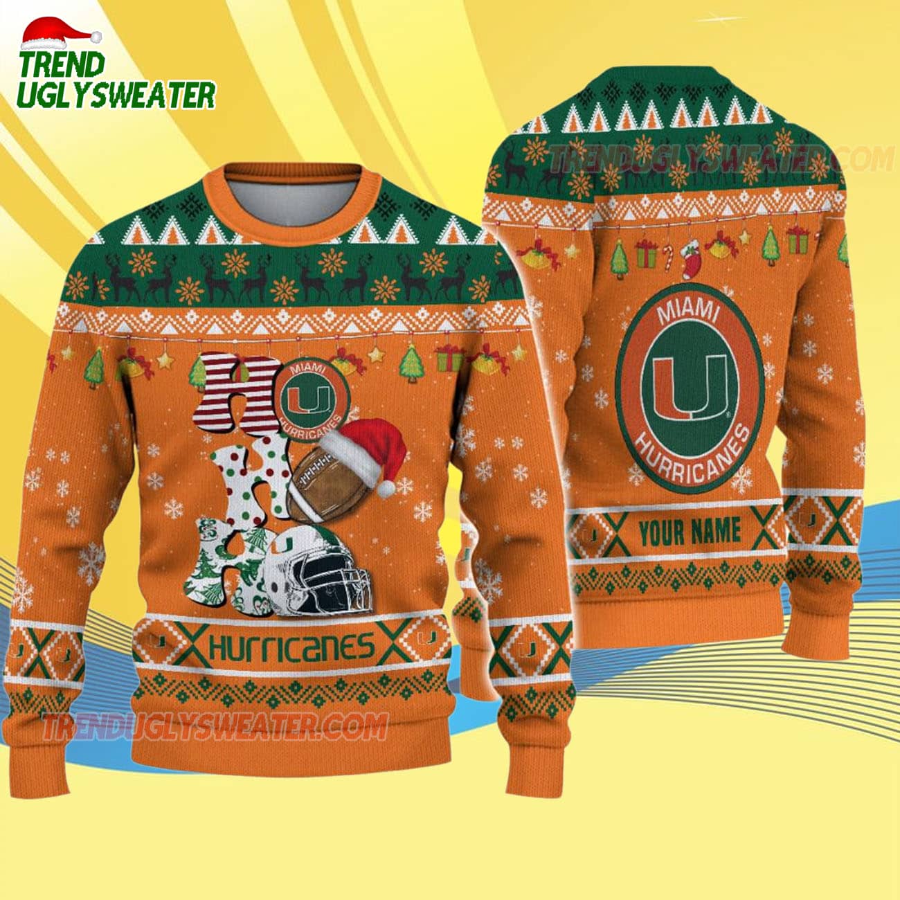Custom Name Miami Hurricanes Football Ho Ho Ho Ugly Christmas Sweater Custom Name Miami Hurricanes Football Ho Ho Ho Ugly Christmas Sweater