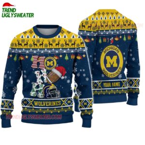 Custom Name Michigan Wolverines Football Ho Ho Ho Ugly Christmas Sweater 1