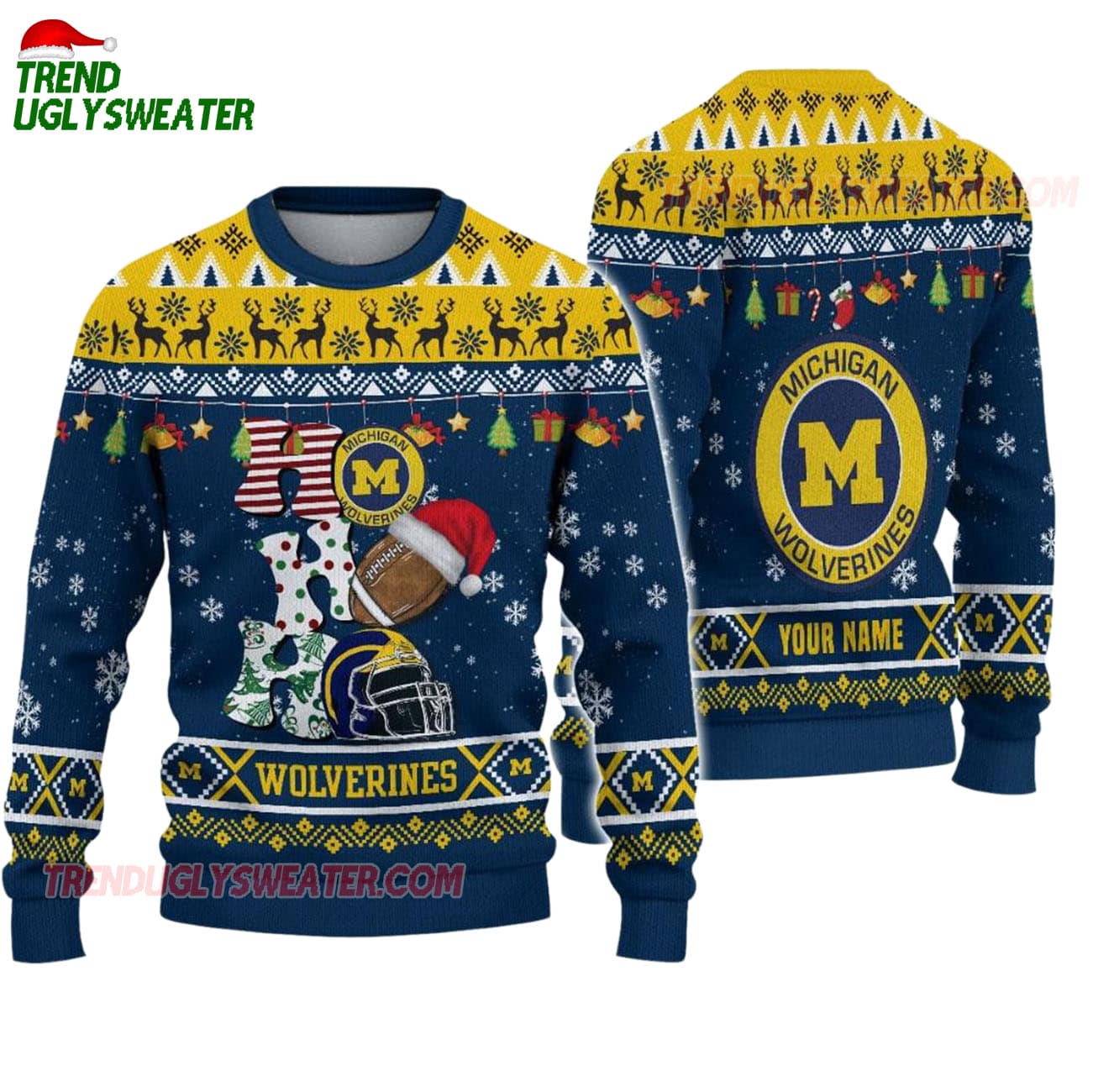 Custom Name Michigan Wolverines Football Ho Ho Ho Ugly Christmas Sweater Custom Name Michigan Wolverines Football Ho Ho Ho Ugly Christmas Sweater