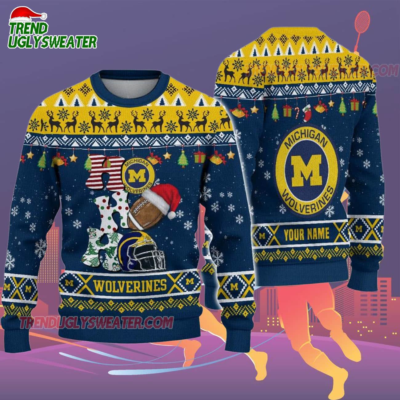 Custom Name Michigan Wolverines Football Ho Ho Ho Ugly Christmas Sweater Custom Name Michigan Wolverines Football Ho Ho Ho Ugly Christmas Sweater
