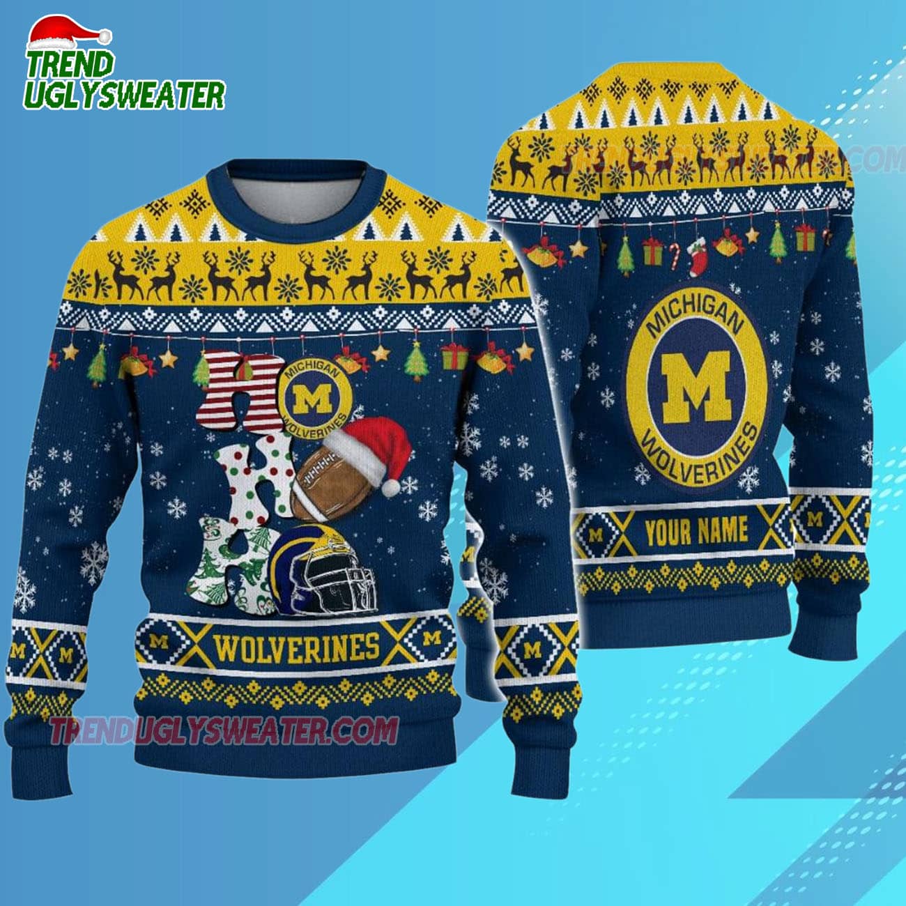 Custom Name Michigan Wolverines Football Ho Ho Ho Ugly Christmas Sweater Custom Name Michigan Wolverines Football Ho Ho Ho Ugly Christmas Sweater