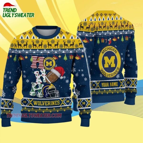 Custom Name Michigan Wolverines Football Ho Ho Ho Ugly Christmas Sweater 4