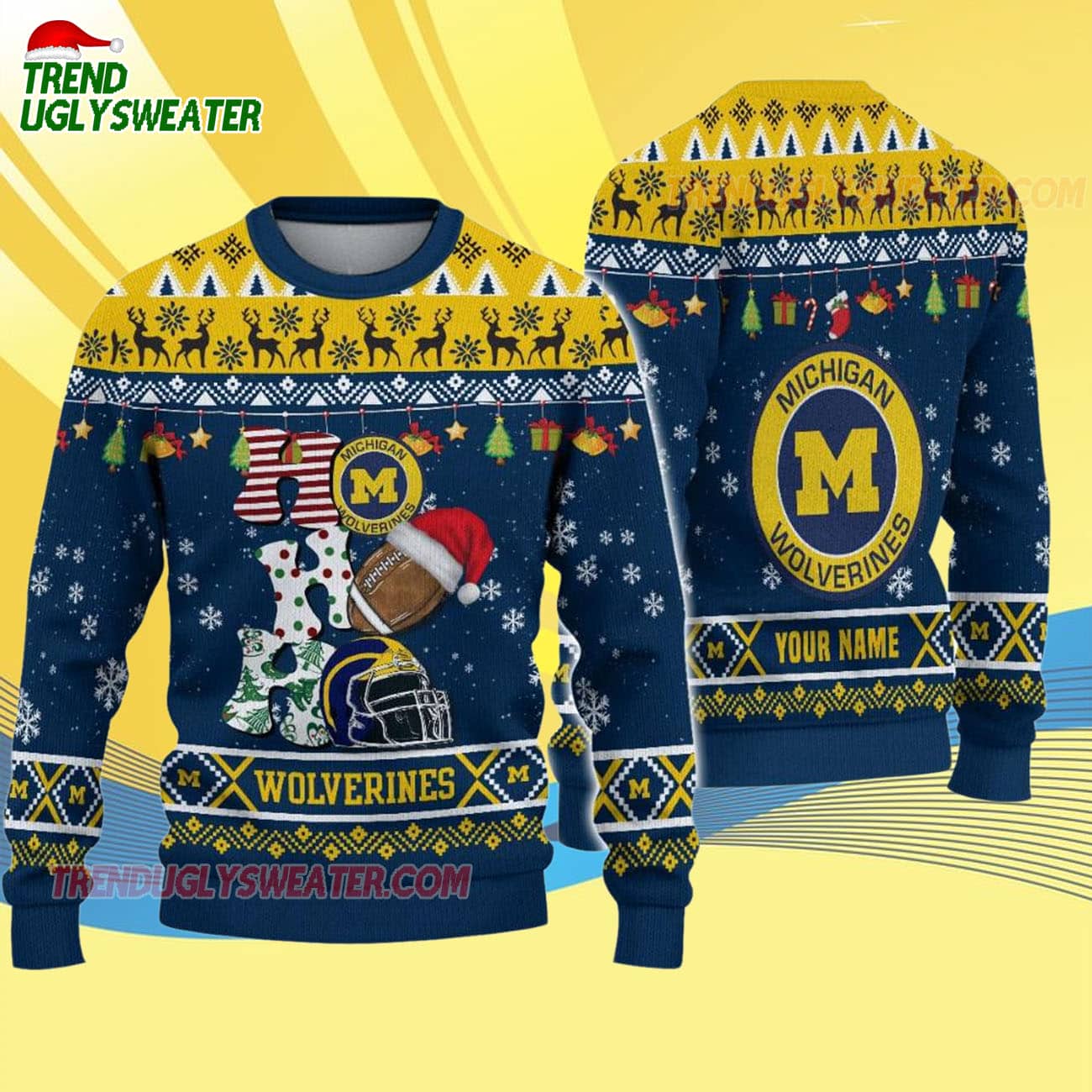 Custom Name Michigan Wolverines Football Ho Ho Ho Ugly Christmas Sweater Custom Name Michigan Wolverines Football Ho Ho Ho Ugly Christmas Sweater