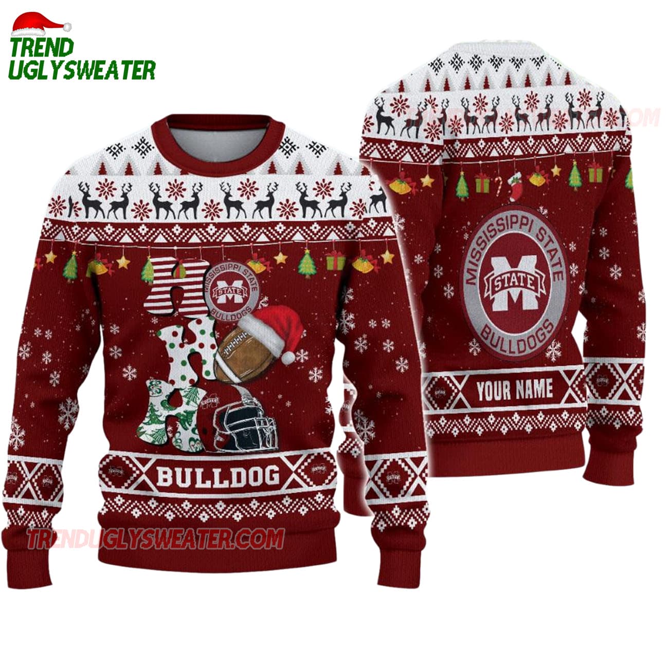 Custom Name Mississippi State Bulldogs Football Ho Ho Ho Ugly Christmas Sweater Custom Name Mississippi State Bulldogs Football Ho Ho Ho Ugly Christmas Sweater