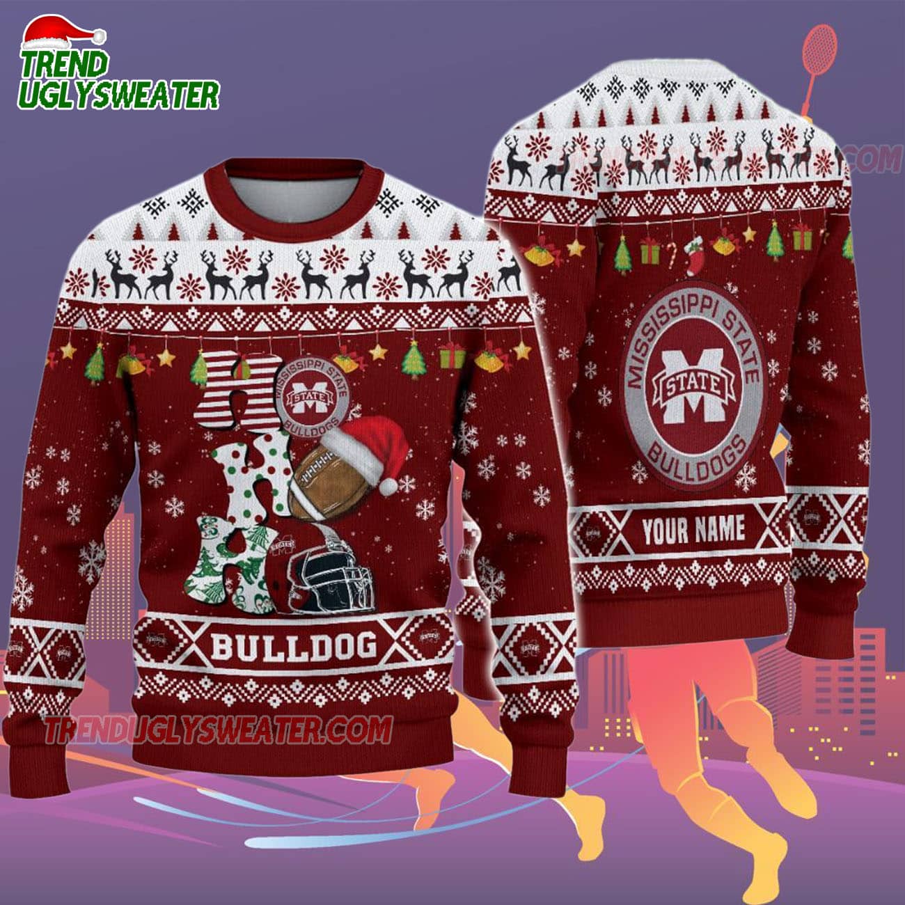 Custom Name Mississippi State Bulldogs Football Ho Ho Ho Ugly Christmas Sweater Custom Name Mississippi State Bulldogs Football Ho Ho Ho Ugly Christmas Sweater
