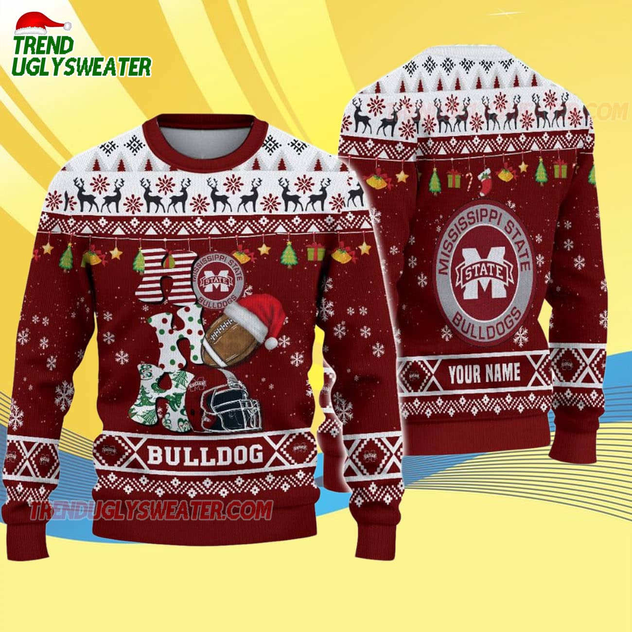 Custom Name Mississippi State Bulldogs Football Ho Ho Ho Ugly Christmas Sweater Custom Name Mississippi State Bulldogs Football Ho Ho Ho Ugly Christmas Sweater